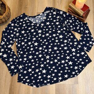 Womens Plus Size Navy and White Star Print Long Sleeve V-Neck Top
